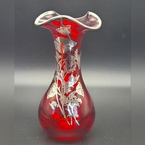 Vintage MCM Ruby Red Glass Silver Overlay Ruffled Top Hand Blown c. 1950-1960
